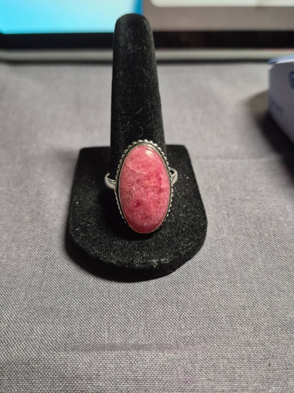 Pink Rhodonite Gemstone Ring Size 10 - .925 Sterling Silver Plated Overlay